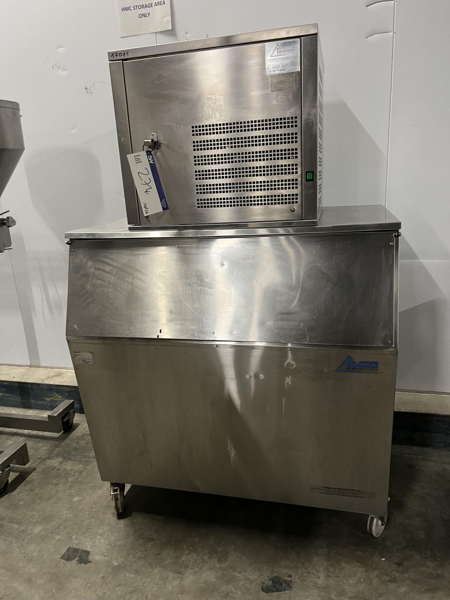Ziegra Ice Machine, with Follett storage bin below, approx. 1.2m x 0.9m x 1.9m high, lift out charge