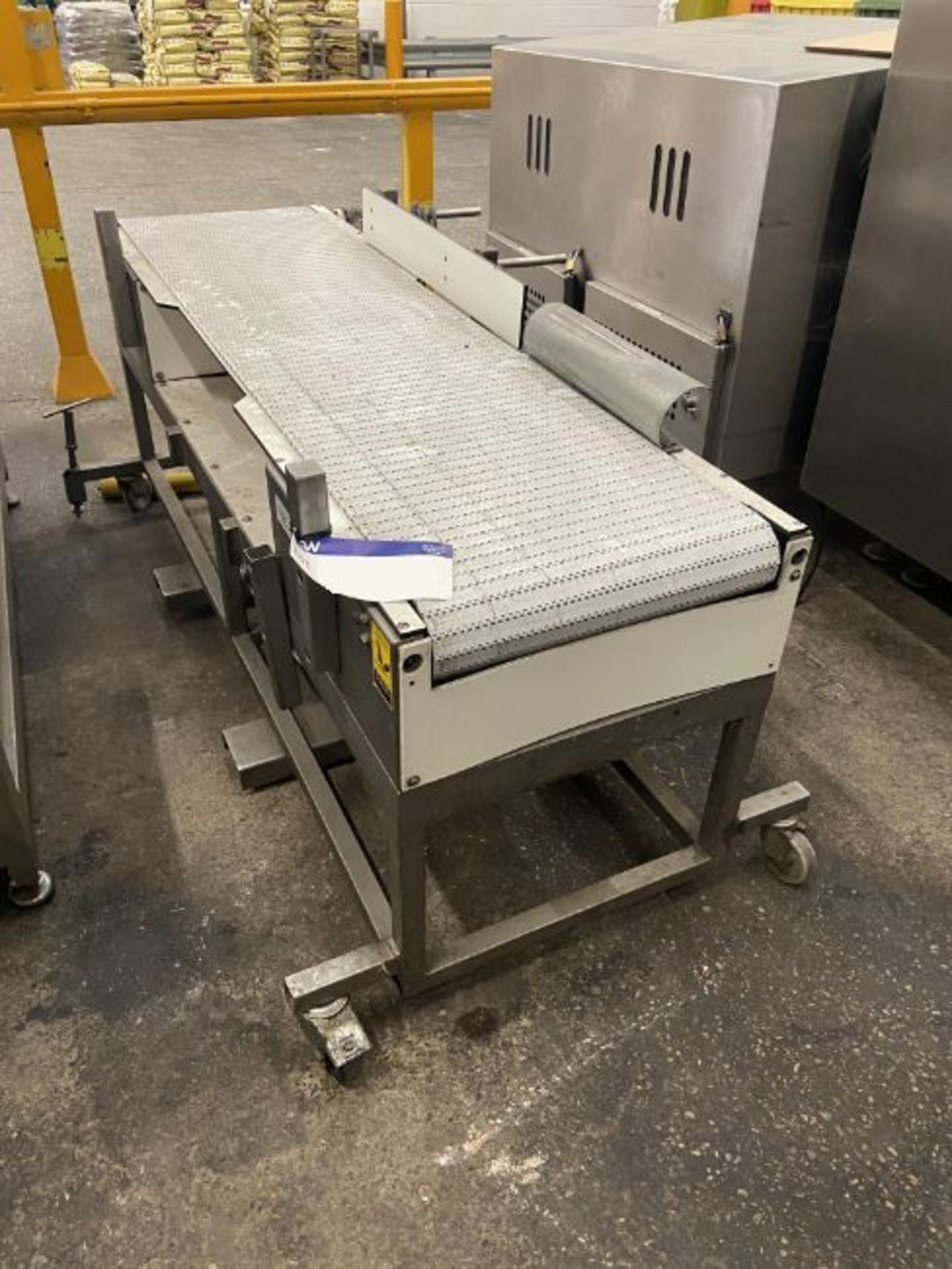 Stainless Steel Framed Mobile Plastic Belt Conveyor, 1.95m centres long x 500mm wide on belt, Lot