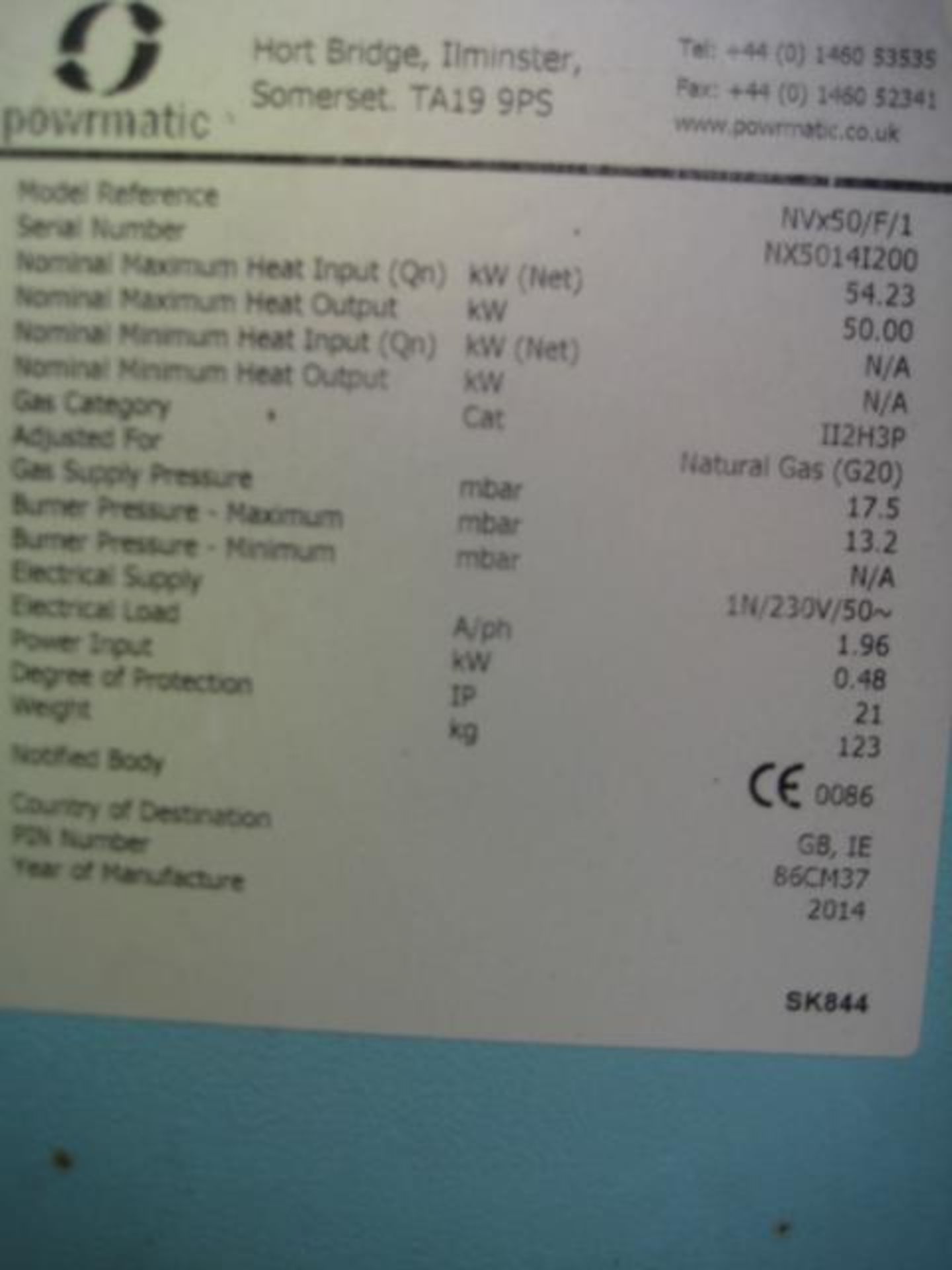 Powermatic NVx50/F/1 Chiller, year of manufacture 2014, nominal max heat input 54.23kW, max - Image 3 of 3