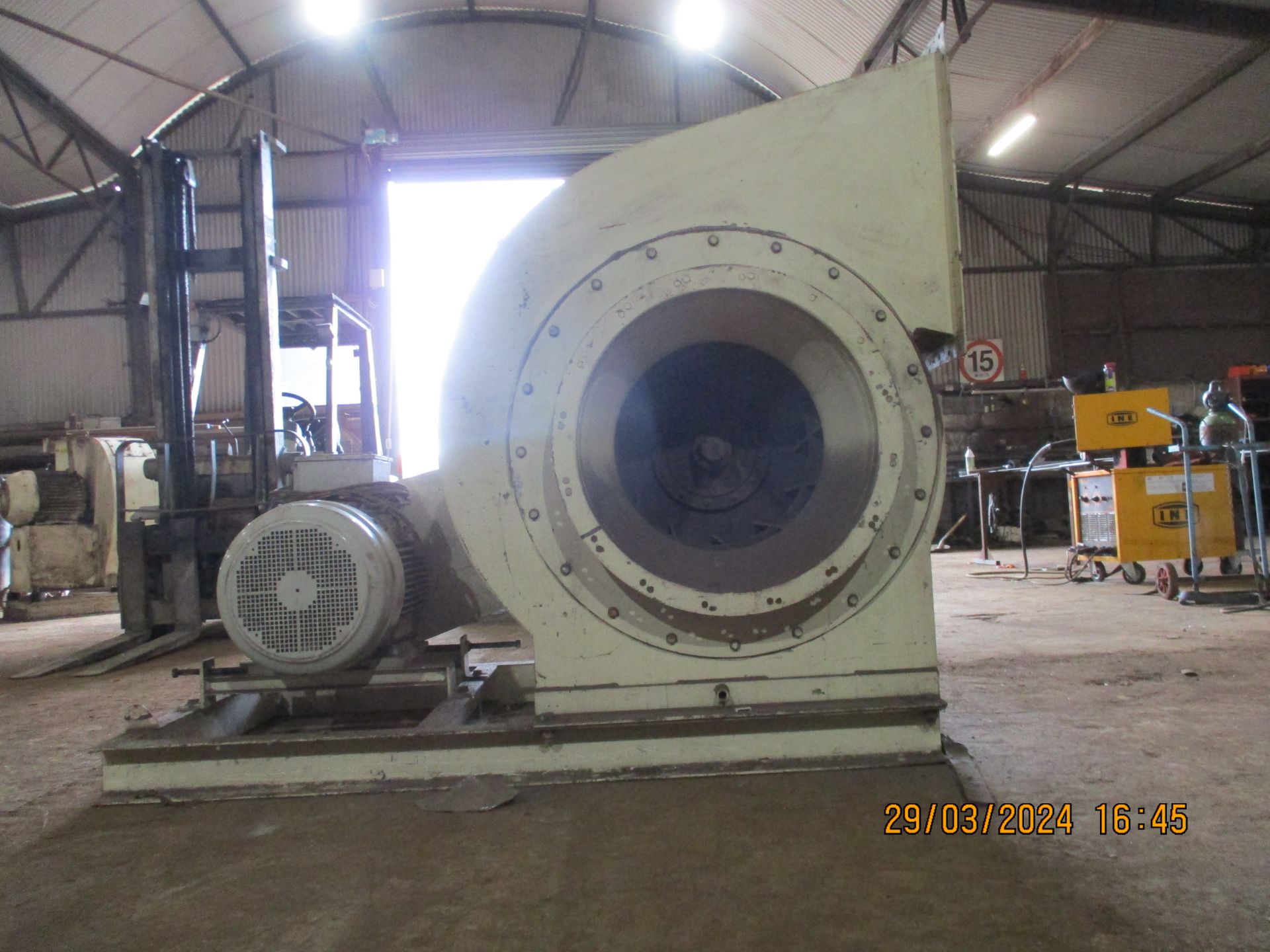 Grain Drying Fan, with 37kW electric motor, approx. 650mm dia. inlet, 655mm x 420mm outlet,