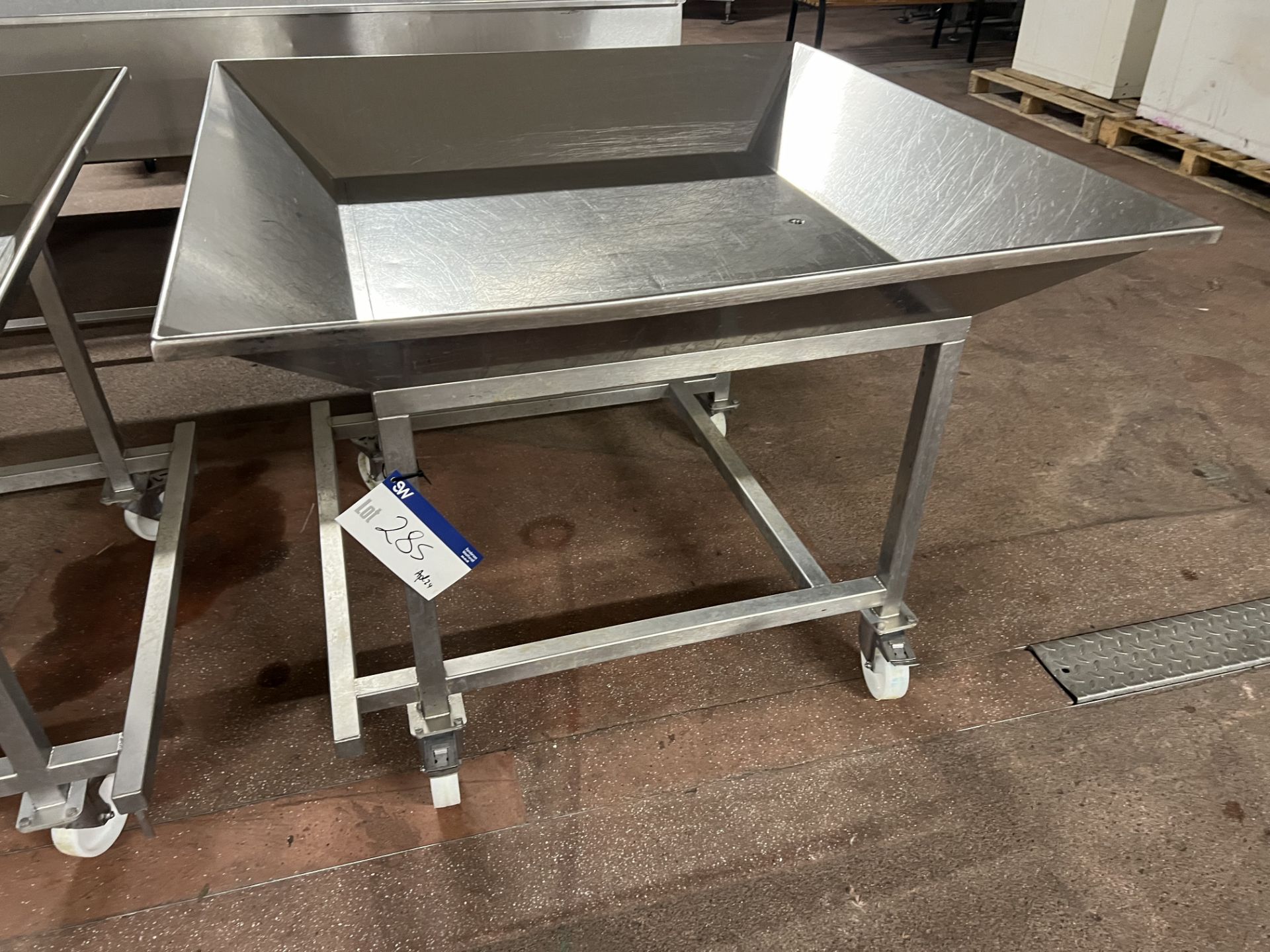 Mobile Draining Trolley, with sloping sides, approx. 1.2m x 1.2m x 0.9m high, lift out charge - £