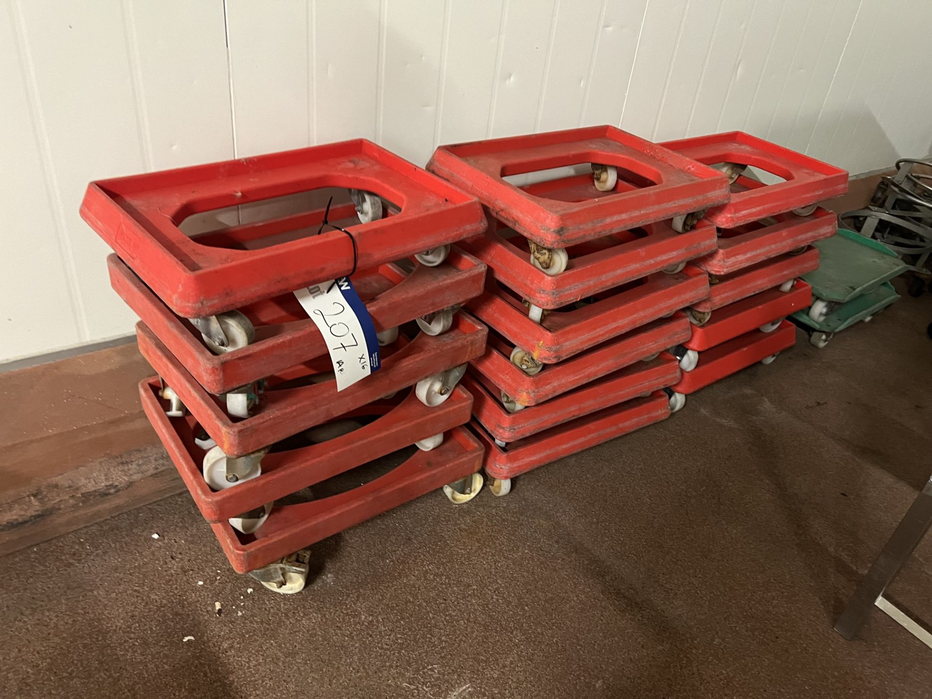 16 Red Tray Dollies, tray size approx. 550mm x 350mm wide, lift out charge - £20 + VAT, lot