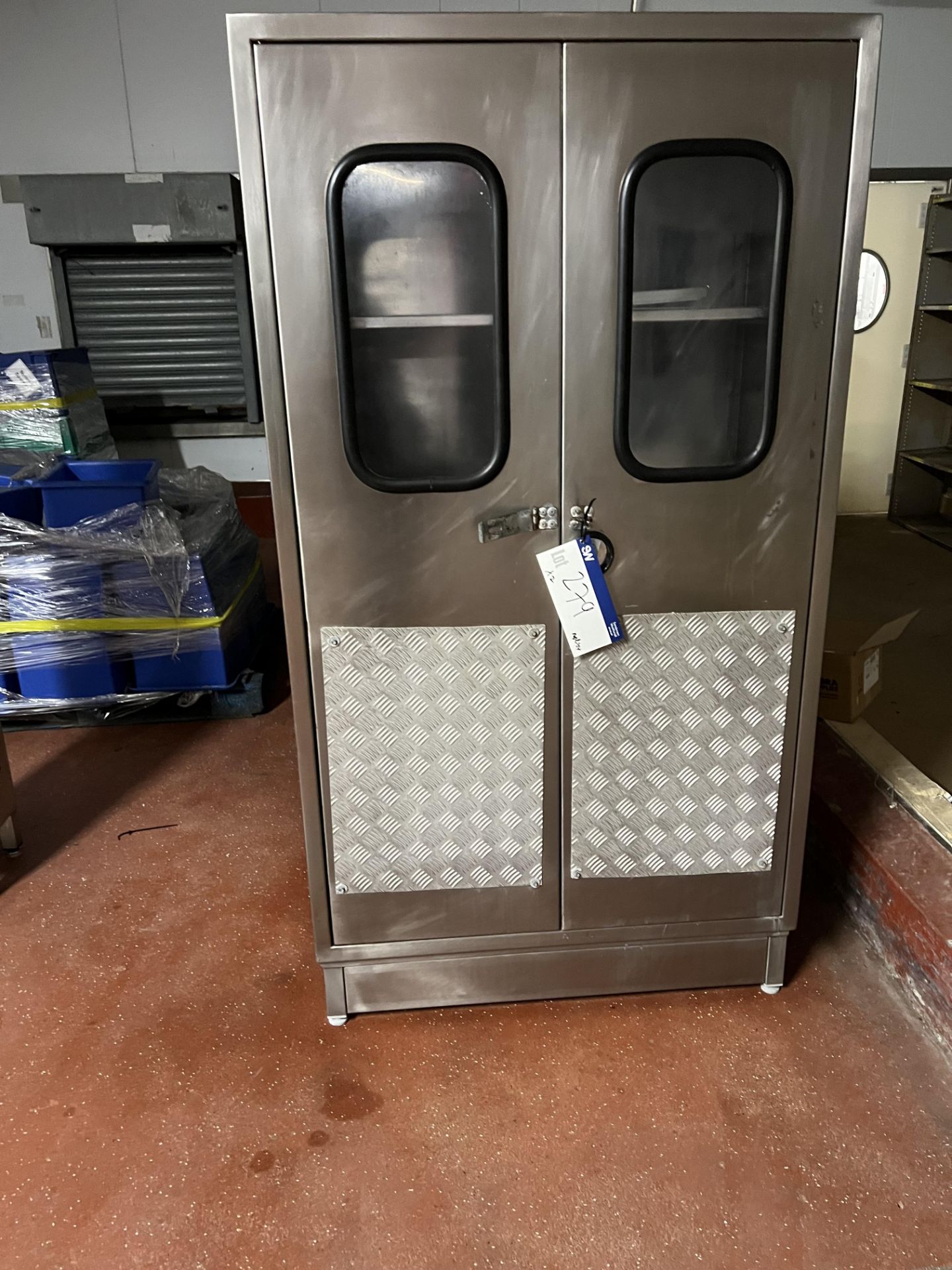 Two Stainless Steel Storage Cupboards, four shelves each, with sloping roofs, approx. 1m x 0.55m x