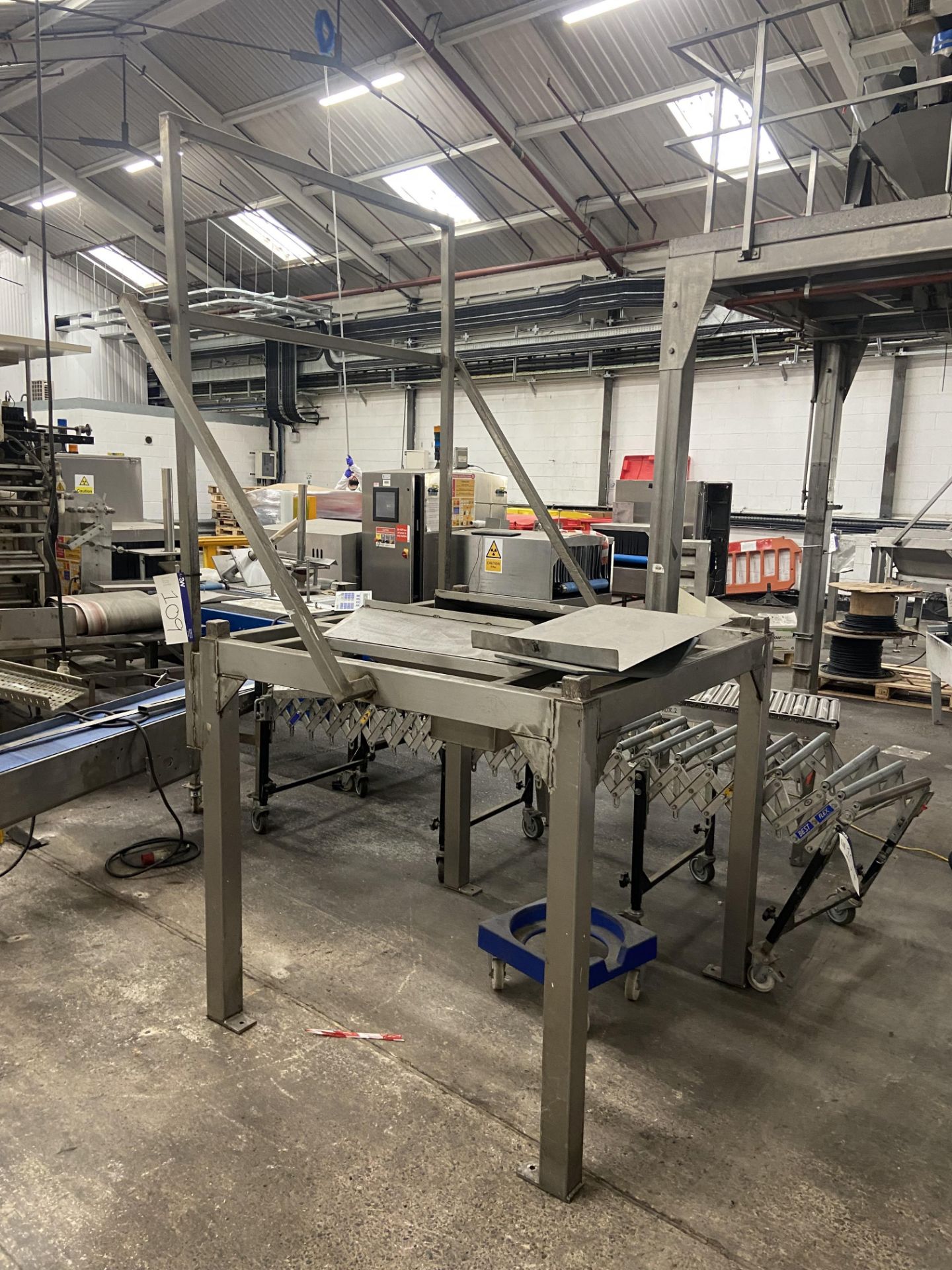 Stainless Steel Framed Hopper Stand, approx. 1.3m x 1.3m, with fitted chute, lot located in