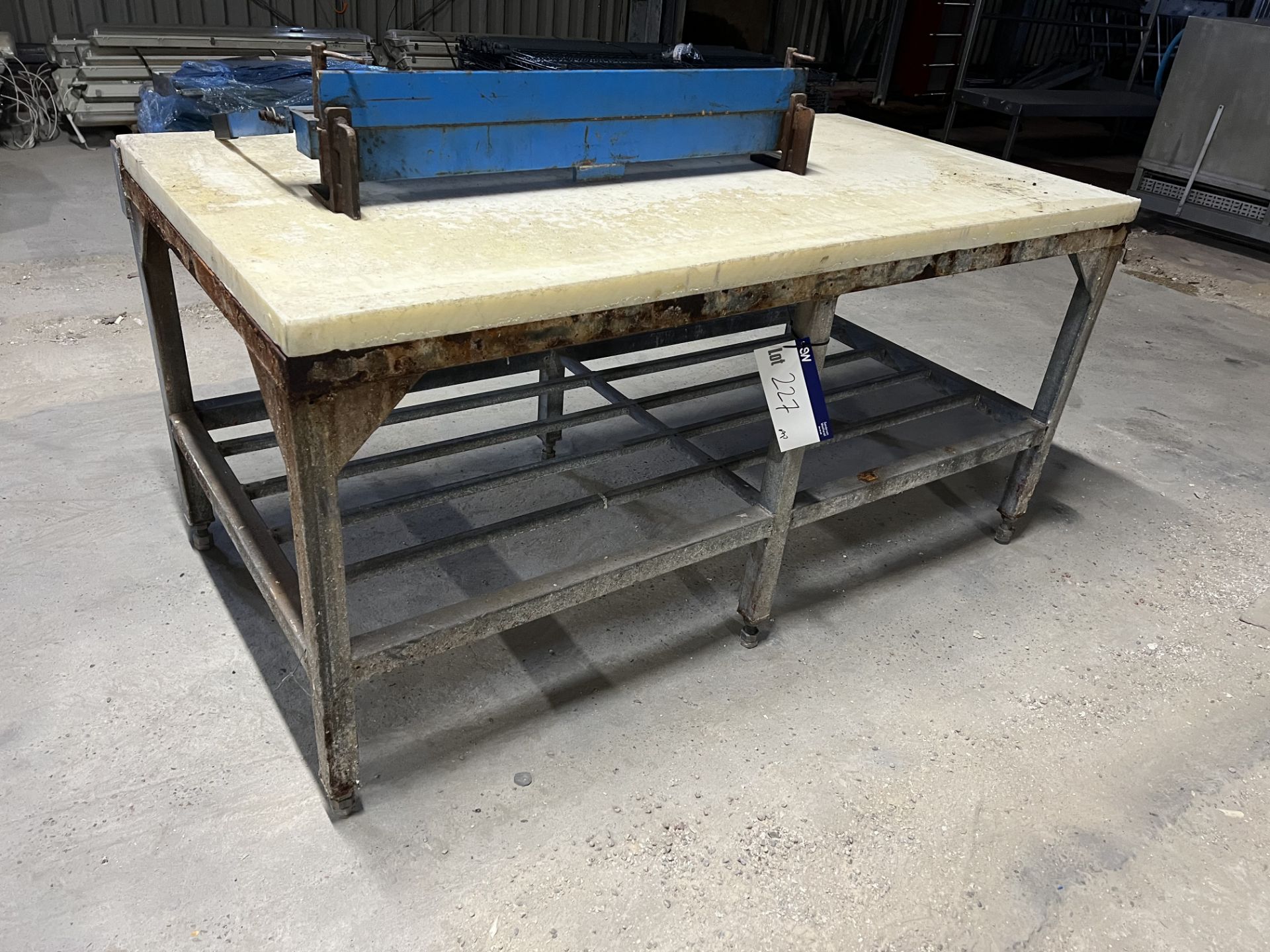 Heavy Duty Table, with plastic cutting board top, approx. 1.85m x 0.9m x 0.9m high, lift out