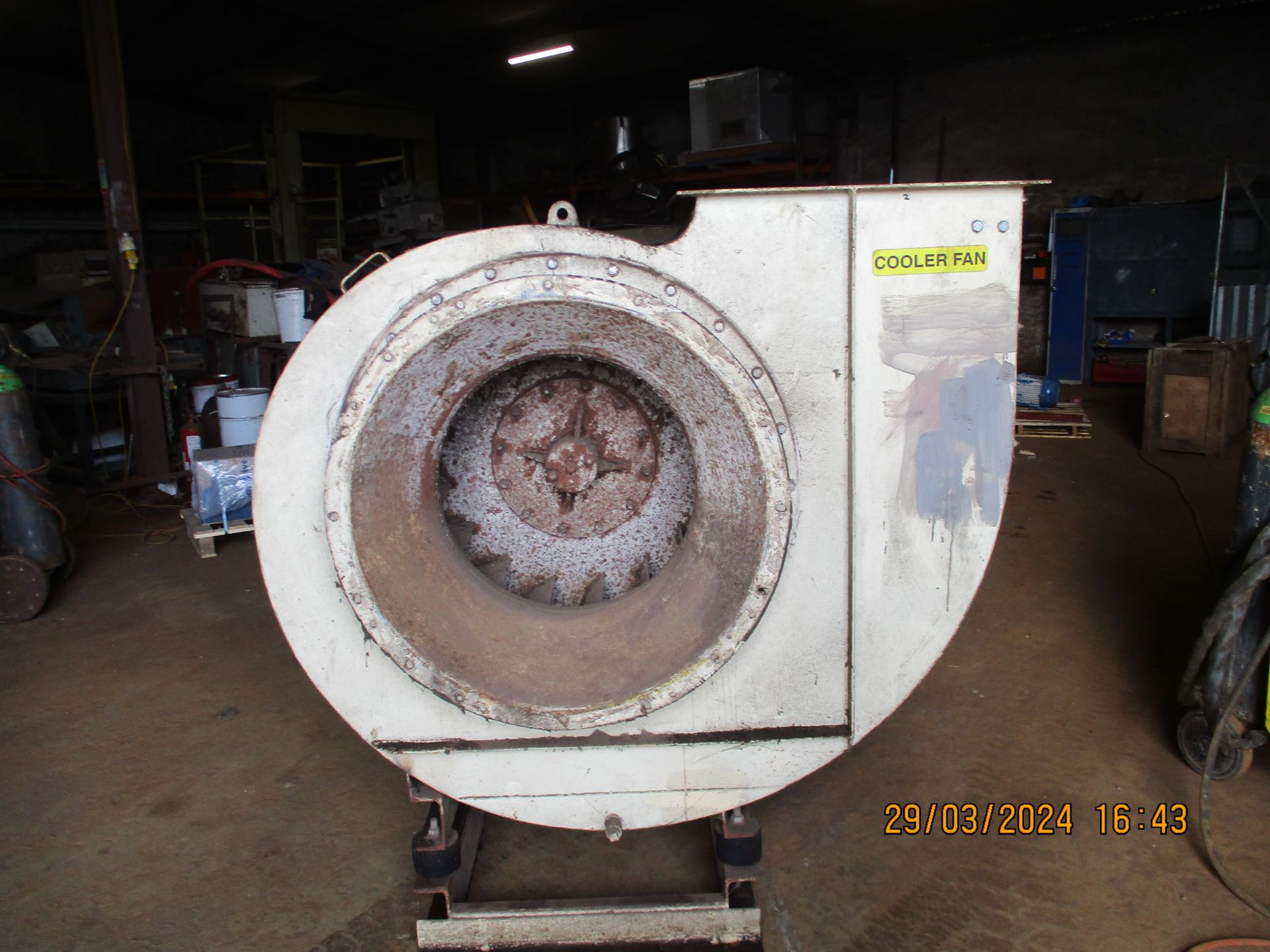 Grain Drying Fan, with 37kW electric motor, approx. 760mm dia. inlet, 605mm x 390mm outlet,