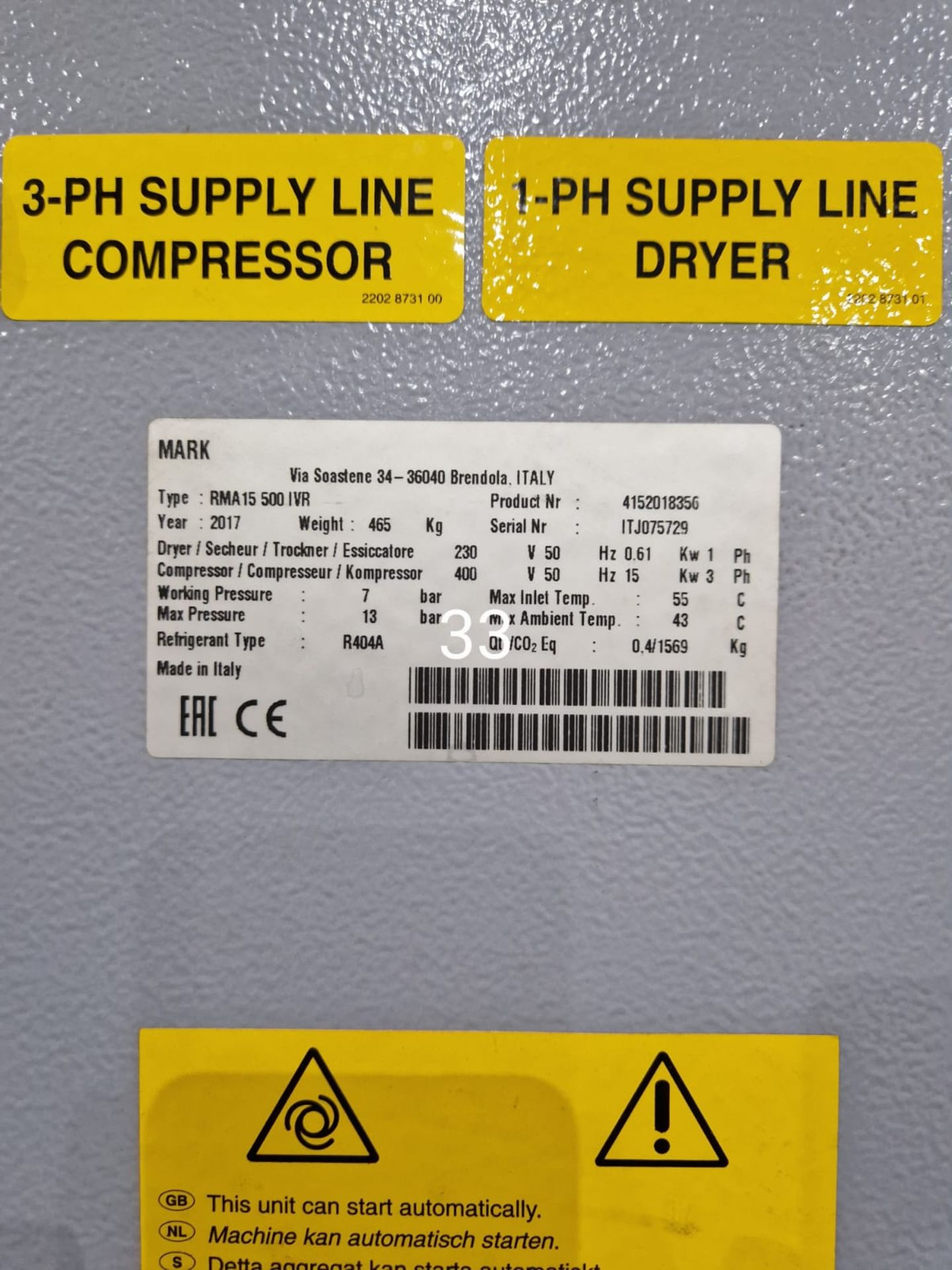 Mark RMA15 500 IVR HORIZONTAL RECEIVER MOUNTED VARIABLE SPEED SCREW AIR COMPRESSOR, serial no. - Image 3 of 4