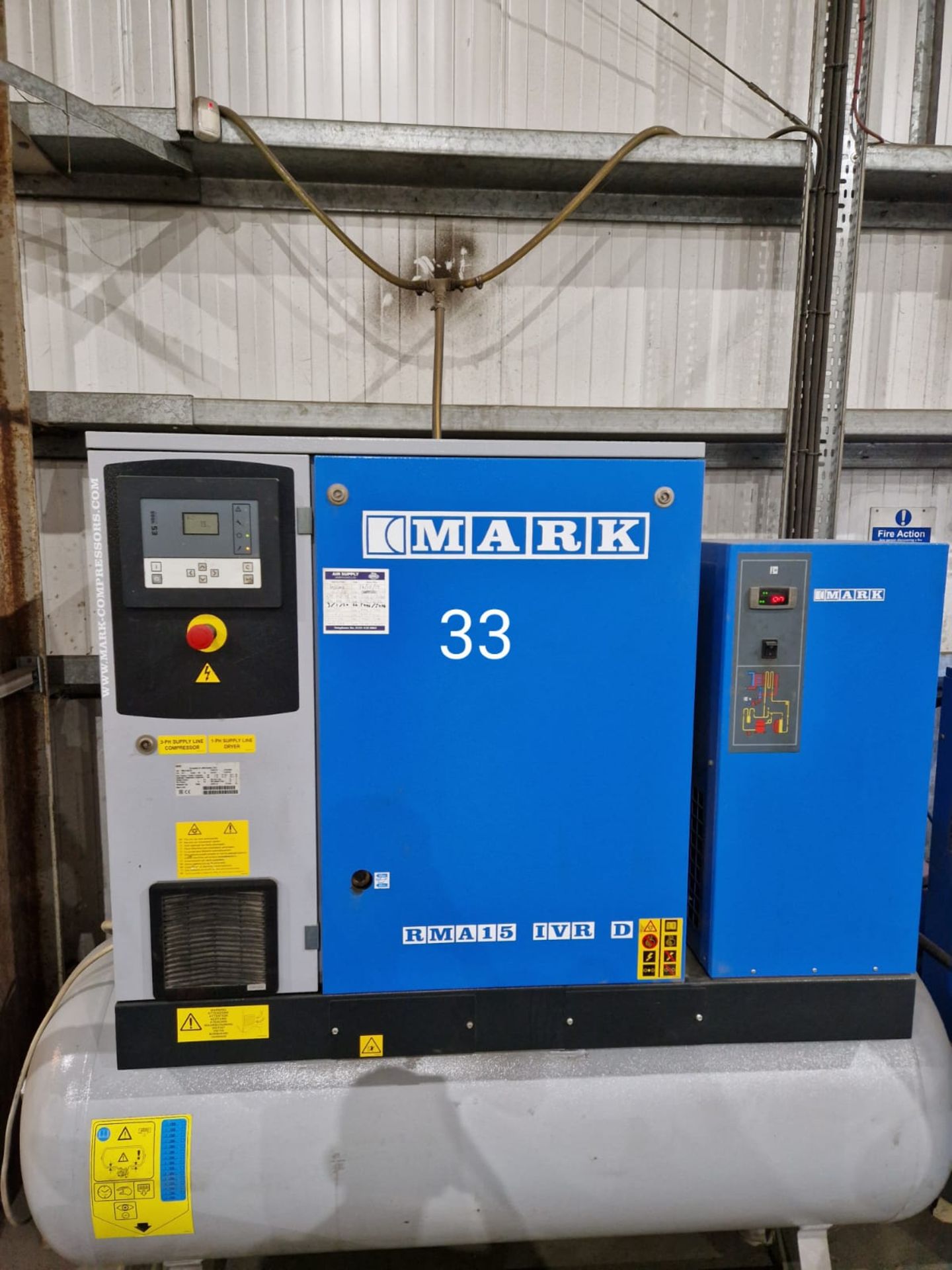 Mark RMA15 500 IVR HORIZONTAL RECEIVER MOUNTED VARIABLE SPEED SCREW AIR COMPRESSOR, serial no.