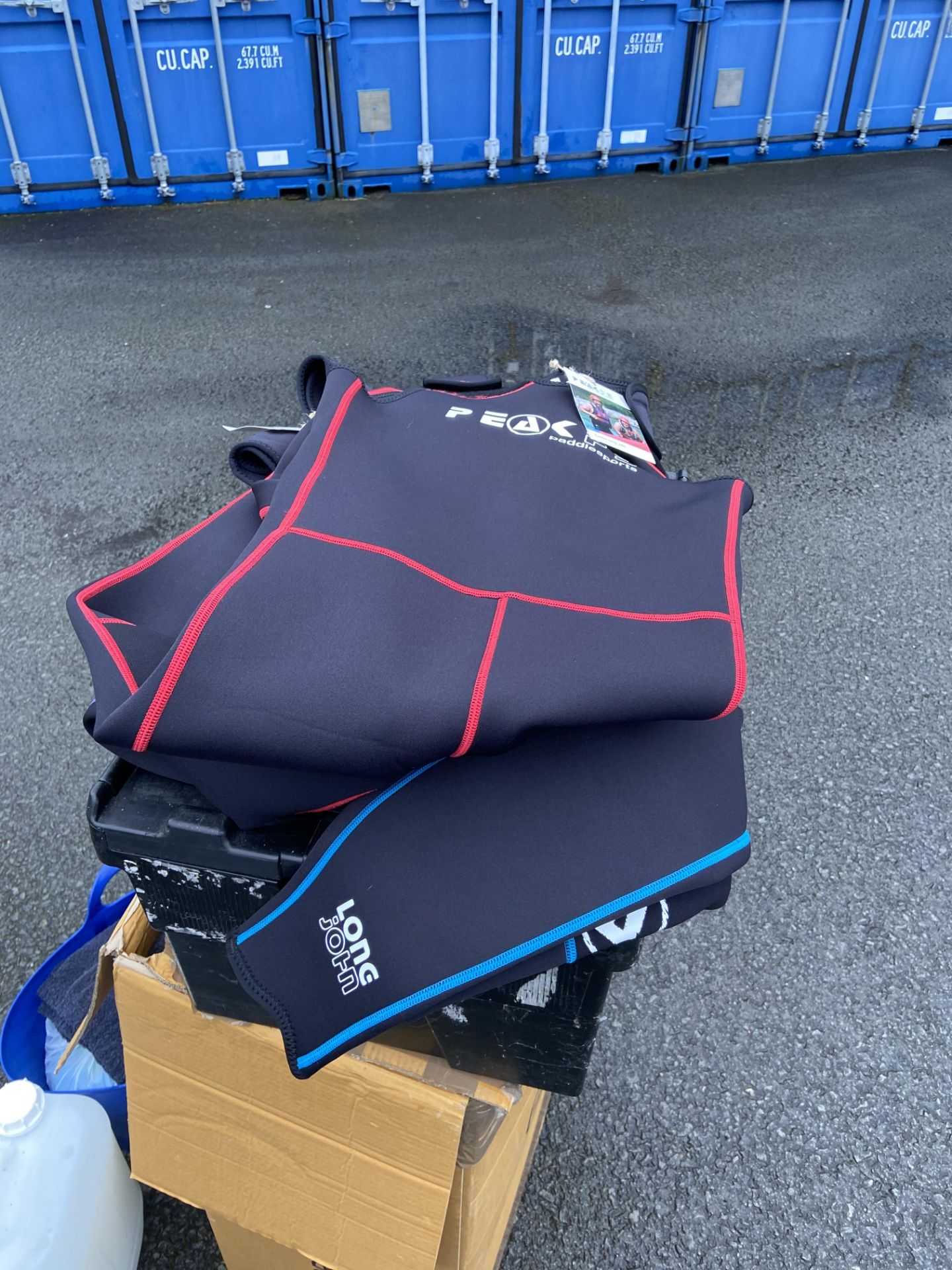 Four Janga Riot Wet Suits & Four Peak UK Sleeveless Long John Wetsuits, with plastic crate Please - Image 2 of 3