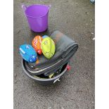 Assorted Beach Accessories, including rugby balls, bags and rope, as set out in plastic tub Please