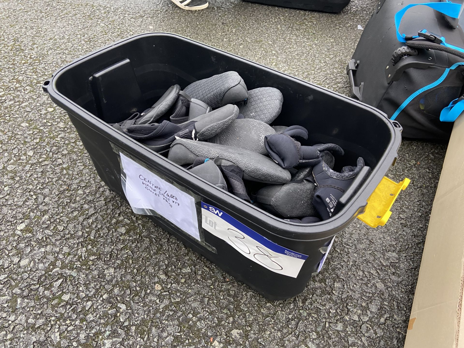 Quantity of Wet/ Water Shoes & Gloves, with plastic crate Please read the following important