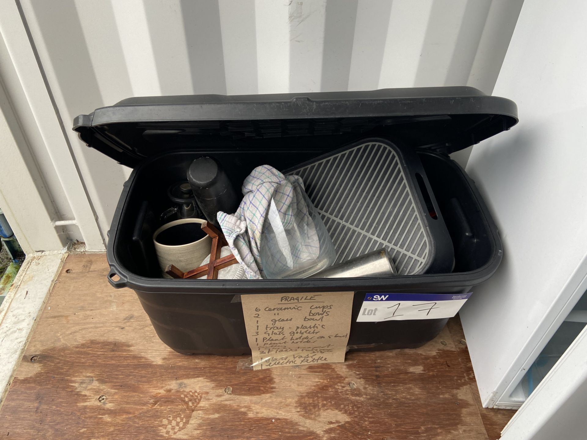 Assorted Kitchen Equipment & Crockery, in plastic crate Please read the following important