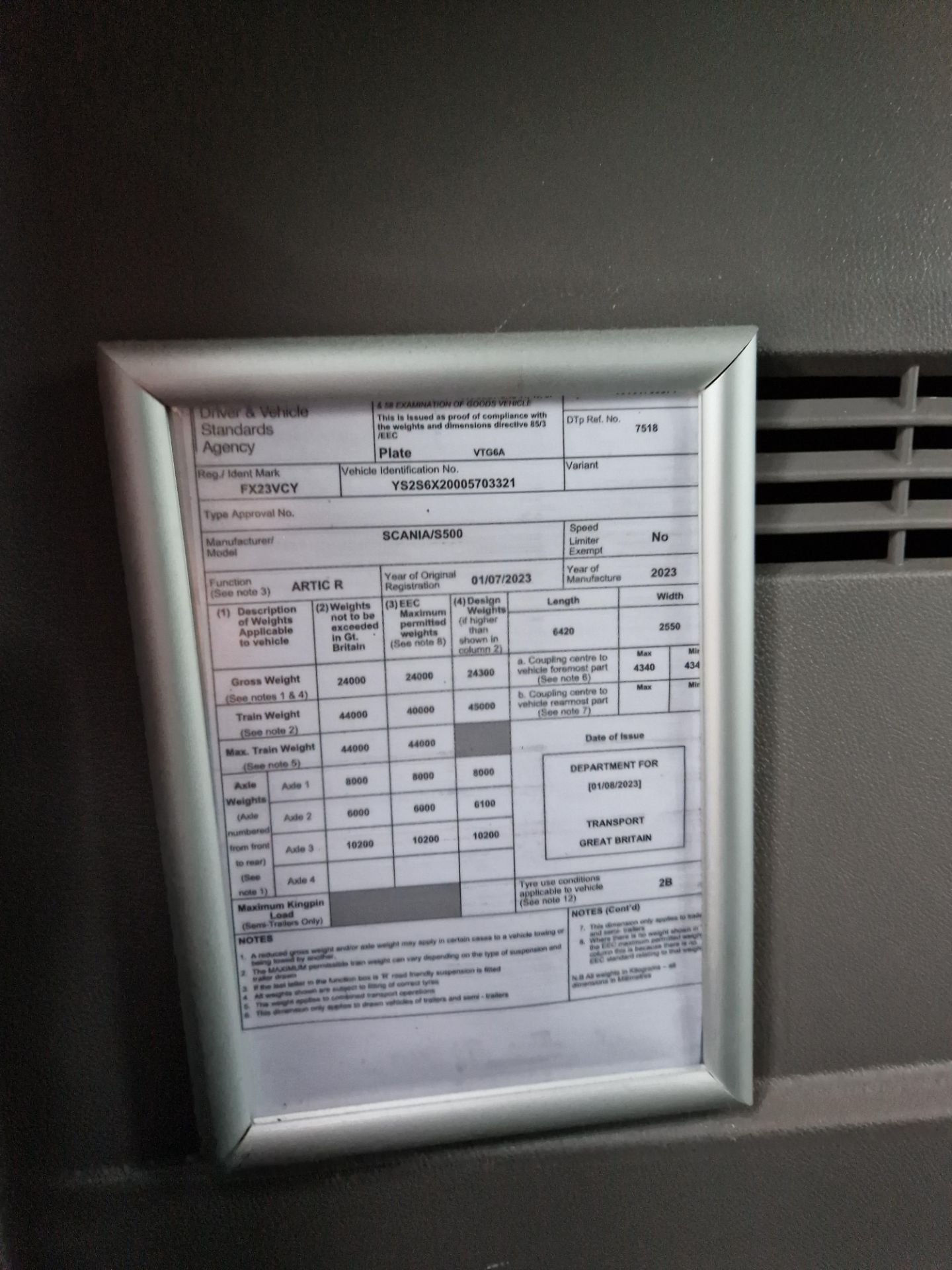 Scania S500 Highline 6x2 Tractor Unit, Registration No. FX23 VCY, Mileage: 67,454KM (at time of - Image 8 of 9