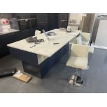 KITCHEN DINING ISLAND, approx. 2.45m x 1.2m, with four leather high chairs (please note this lot