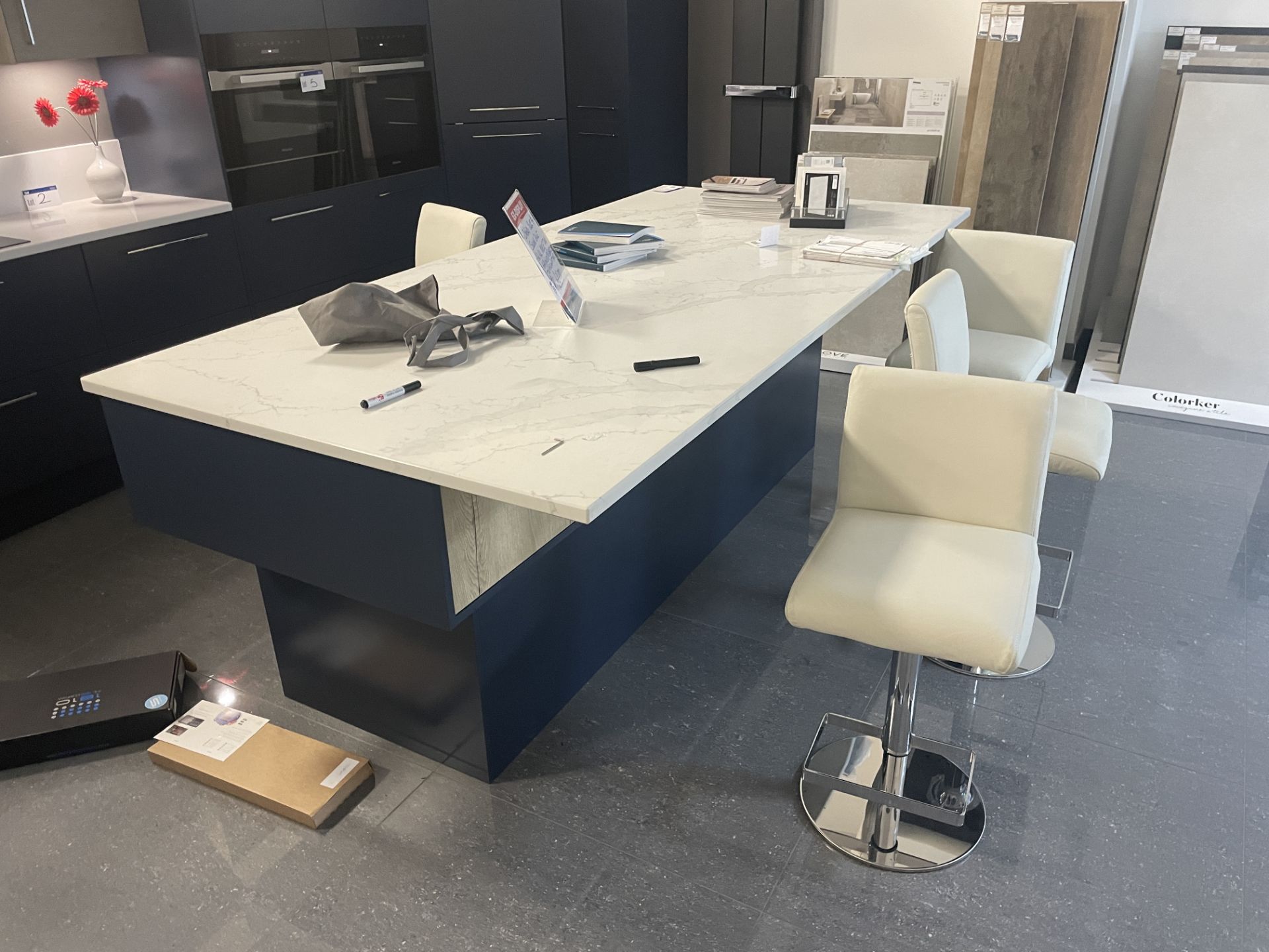 KITCHEN DINING ISLAND, approx. 2.45m x 1.2m, with four leather high chairs (please note this lot