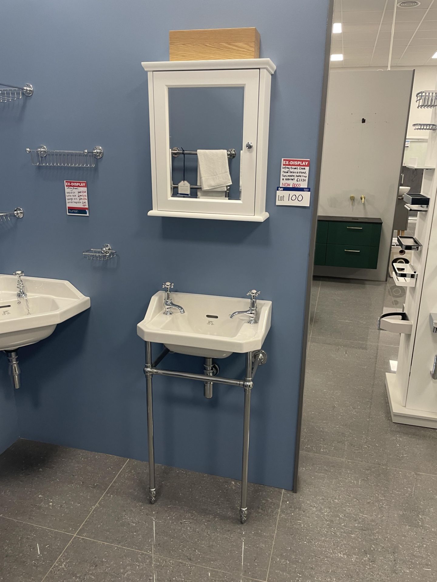 Lefroy Brooks Cloakroom Basin, with single door mirrored cabinet and taps, basin approx. 510mm x