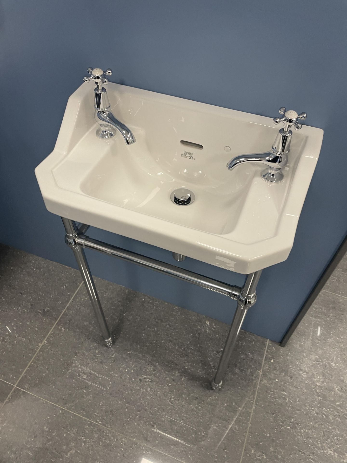 Lefroy Brooks Cloakroom Basin, with single door mirrored cabinet and taps, basin approx. 510mm x - Image 2 of 3