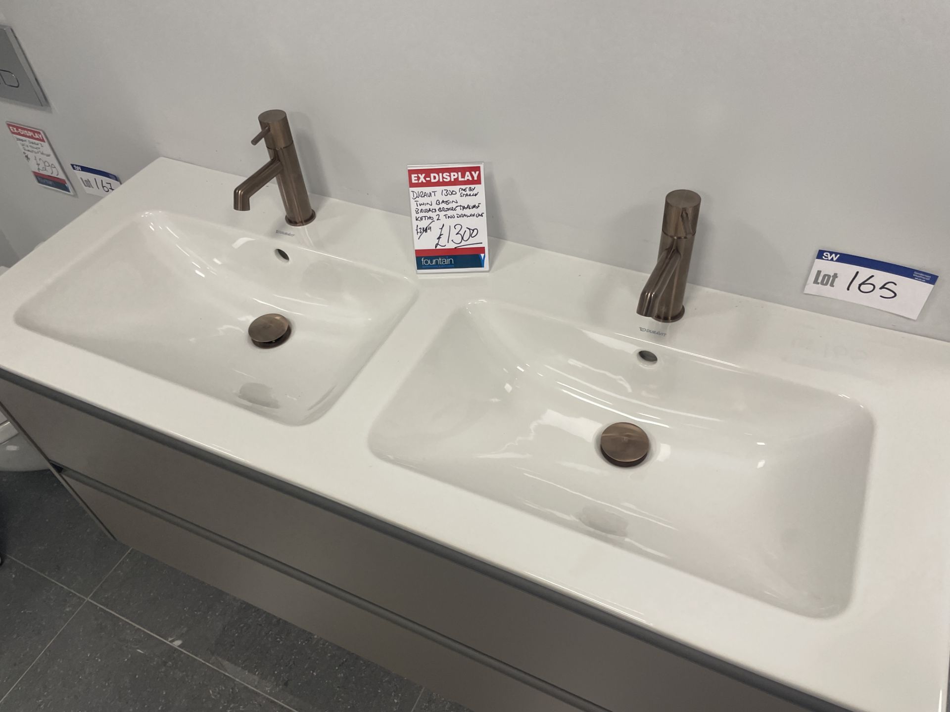 Duravit 1300 Twin Basin Unit, with two brushed bronze taps, approx. 1.3m x 490mm Please read the - Image 2 of 3