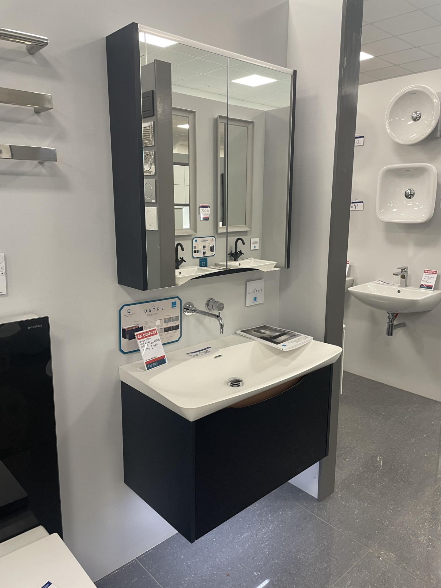 Utopia Lustre Basin Unit, with double door mirrored cabinet and wall mounted taps, basin approx.