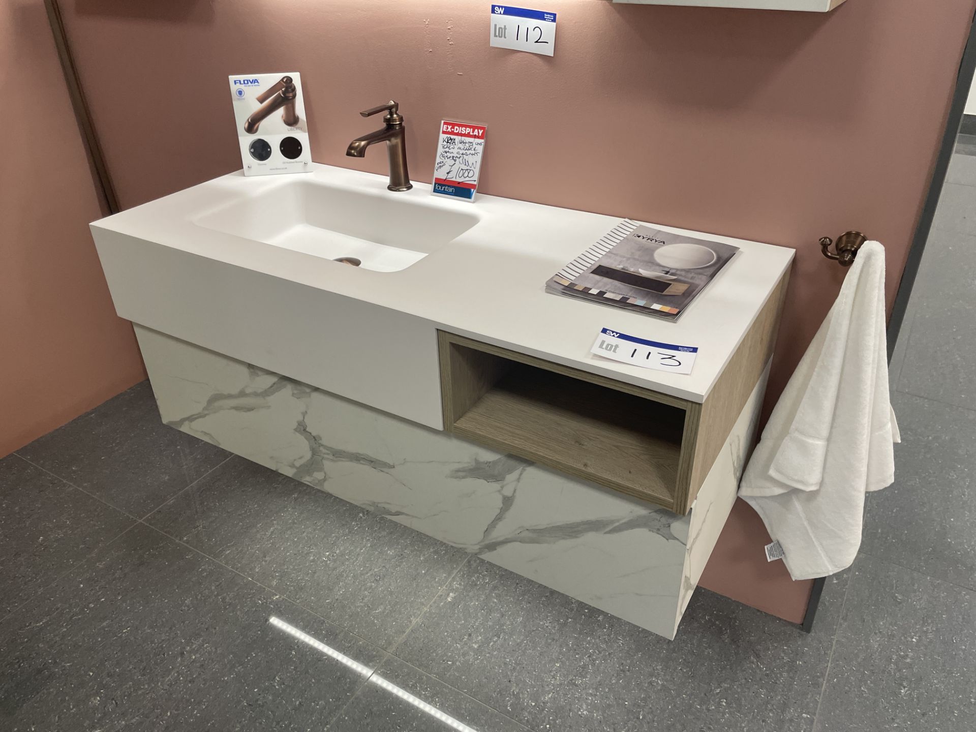 Krya Basin Unit, with Flova tap and single door cabinet, basin approx. 1.2m x 500mm, cabinet approx.