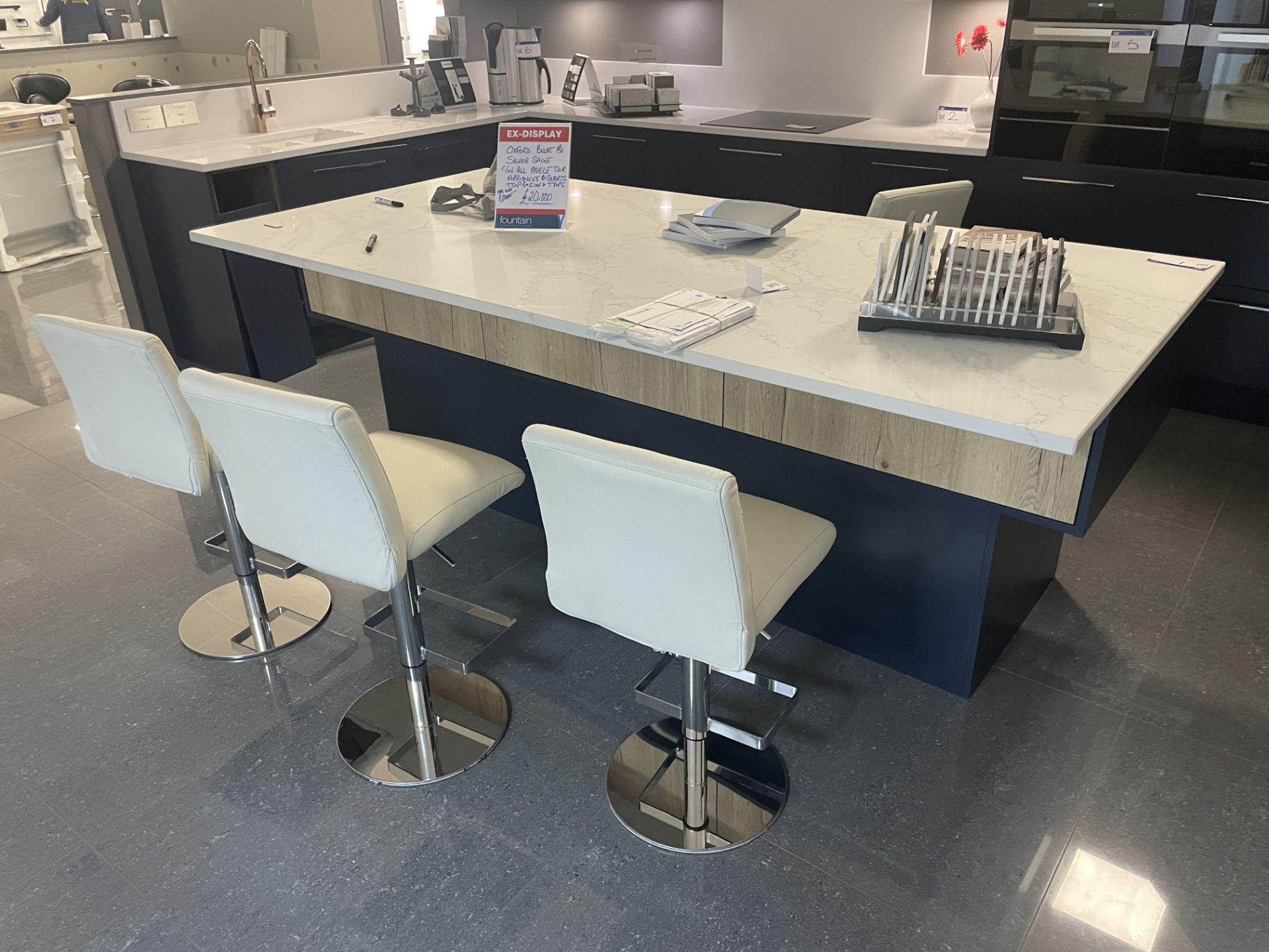 KITCHEN DINING ISLAND, approx. 2.45m x 1.2m, with four leather high chairs (please note this lot - Image 2 of 5