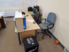 Two Light Oak Veneered Pedestal Desks, One Light Oak Veneered Desk, 3 Drawer Pedestal and Four