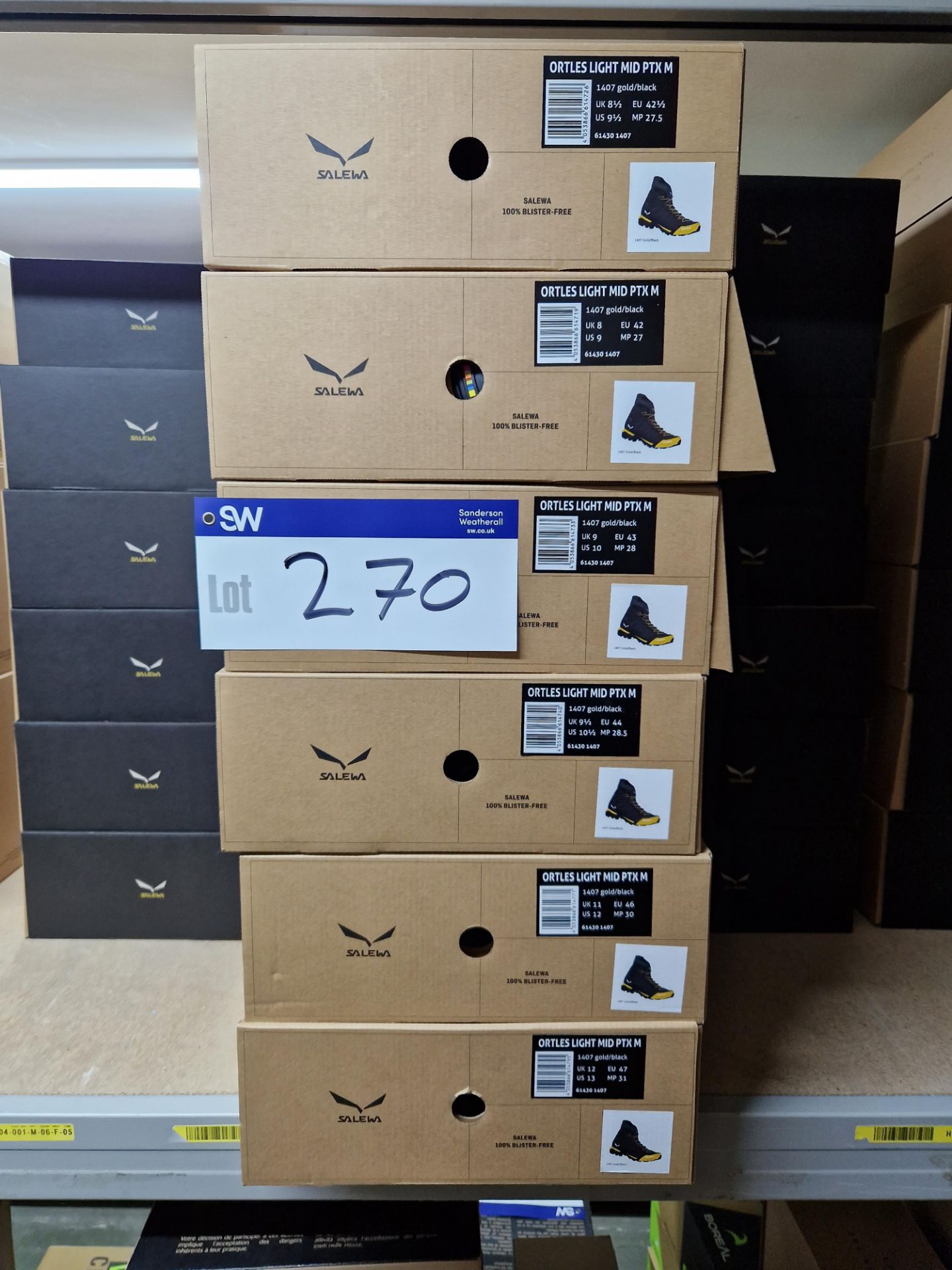 Six Pairs of Salewa Ortles Light MID PTX M Boots, Colour: Gold/Black, Sizes: 12 UK, 11 UK, 9.5 UK, 9