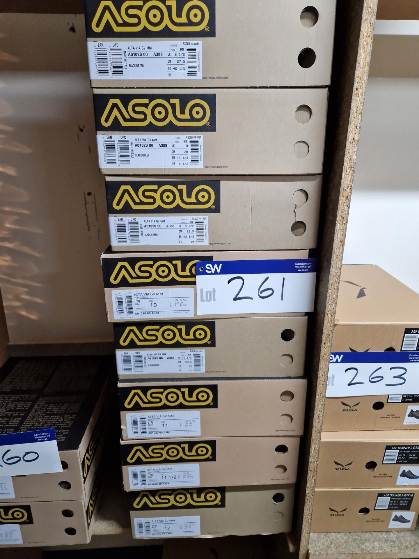 Eight Pairs of Asolo Alta VIA GV MM Boots, Colour: Black/Green, Sizes: 12 UK, 11.5 UK, 11 UK, 10.5