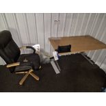 Two Light Oak Veneered Desks (One with Mounted Roller), One Office Chair and Two Printers Please