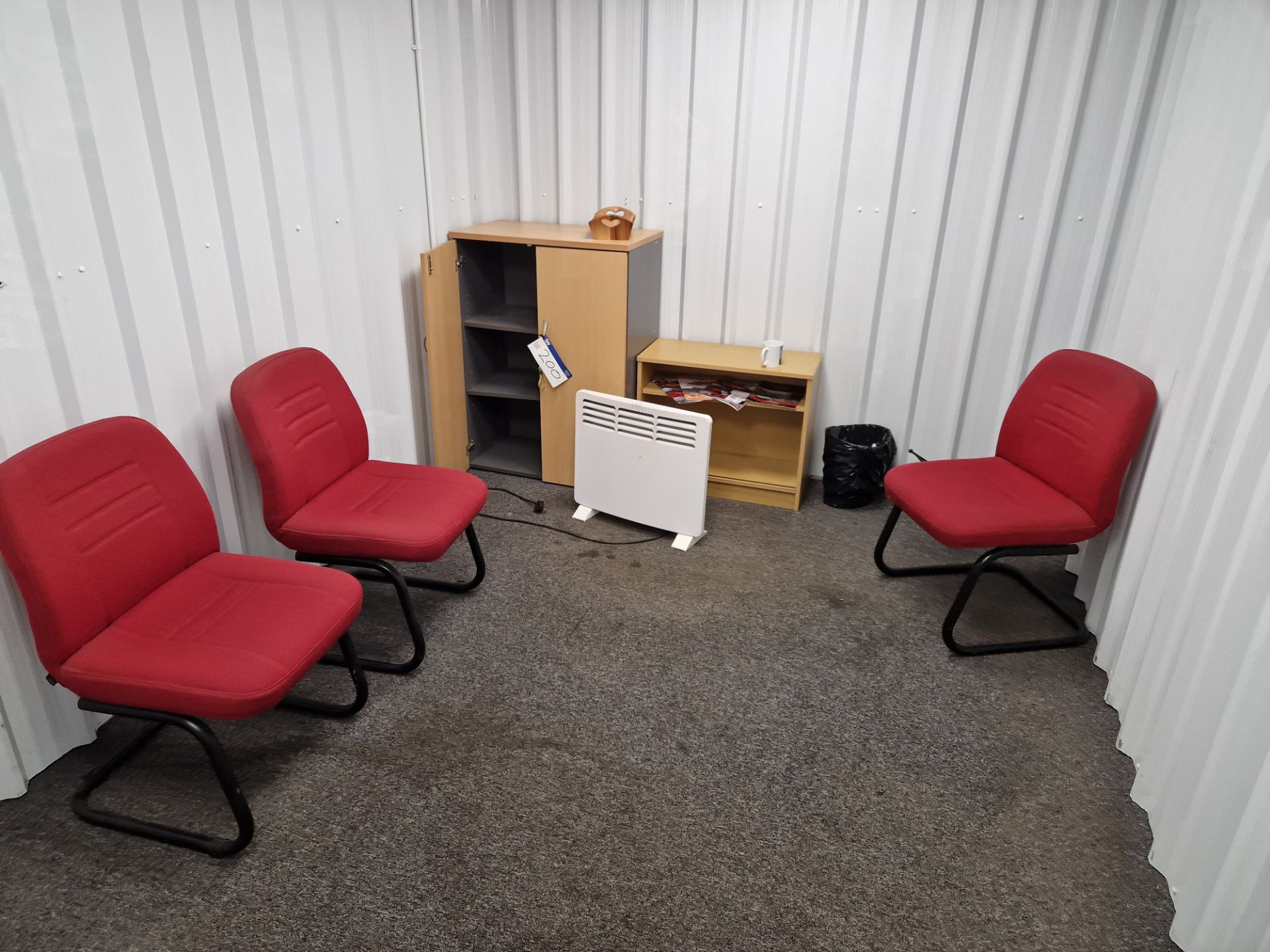 Four Office Chairs, Light Oak Veneered Side Cabinet, Shelving Unit and Heater Please read the