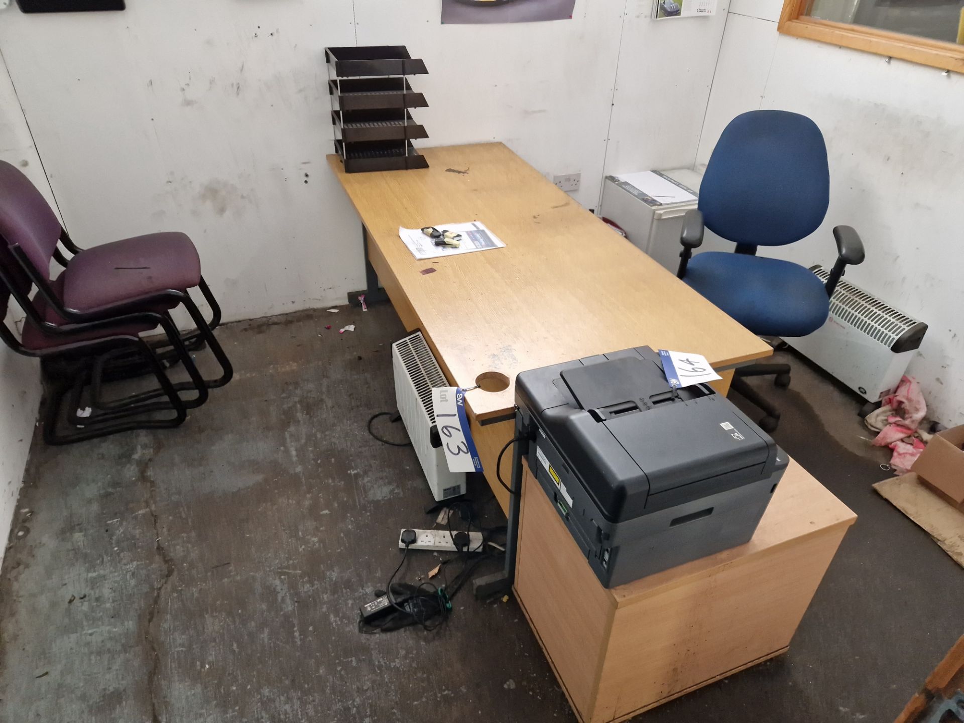 Light Oak Veneered Desk, 3 Drawer Pedestal, Four Chairs, Fridge and Heater Please read the following