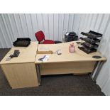 Two Veneered Desks, Three Pedestals, Side Cabinet and Two Office Chairs Please read the following