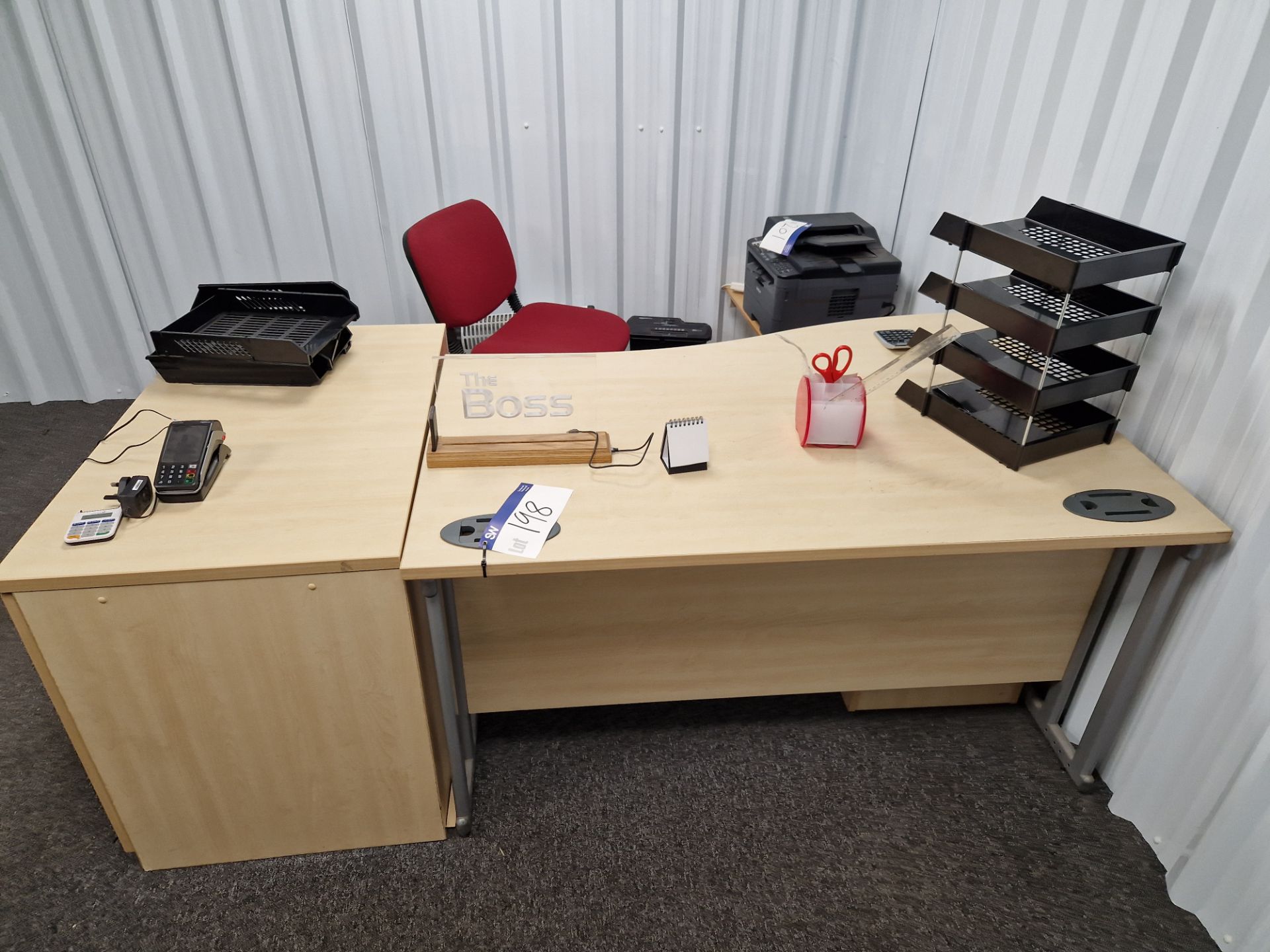 Two Veneered Desks, Three Pedestals, Side Cabinet and Two Office Chairs Please read the following