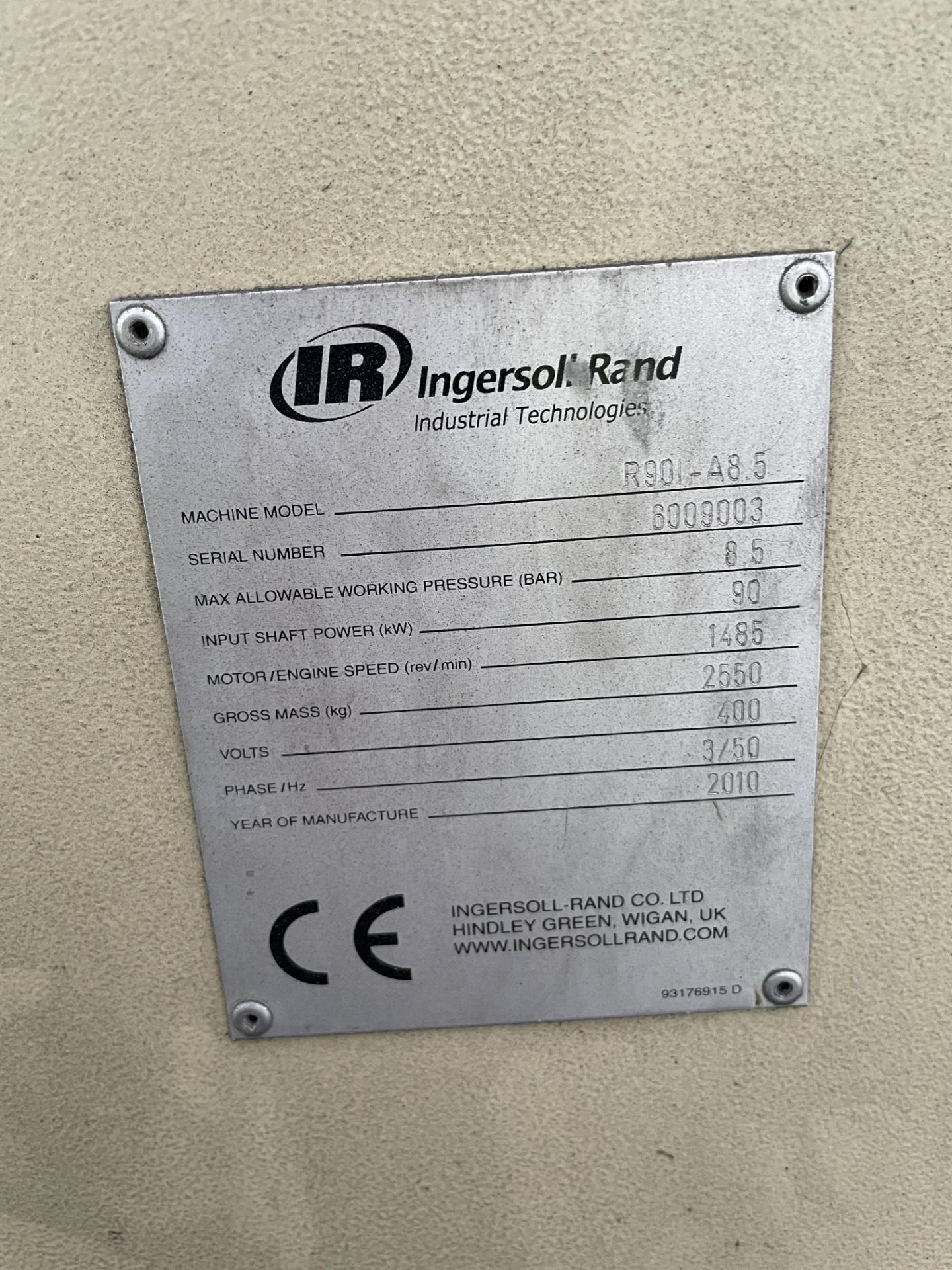 Ingersoll Rand R90I-A8.5 Packaged Air Compressor, serial no. 6009003, year of manufacture 2010, 8. - Image 3 of 3