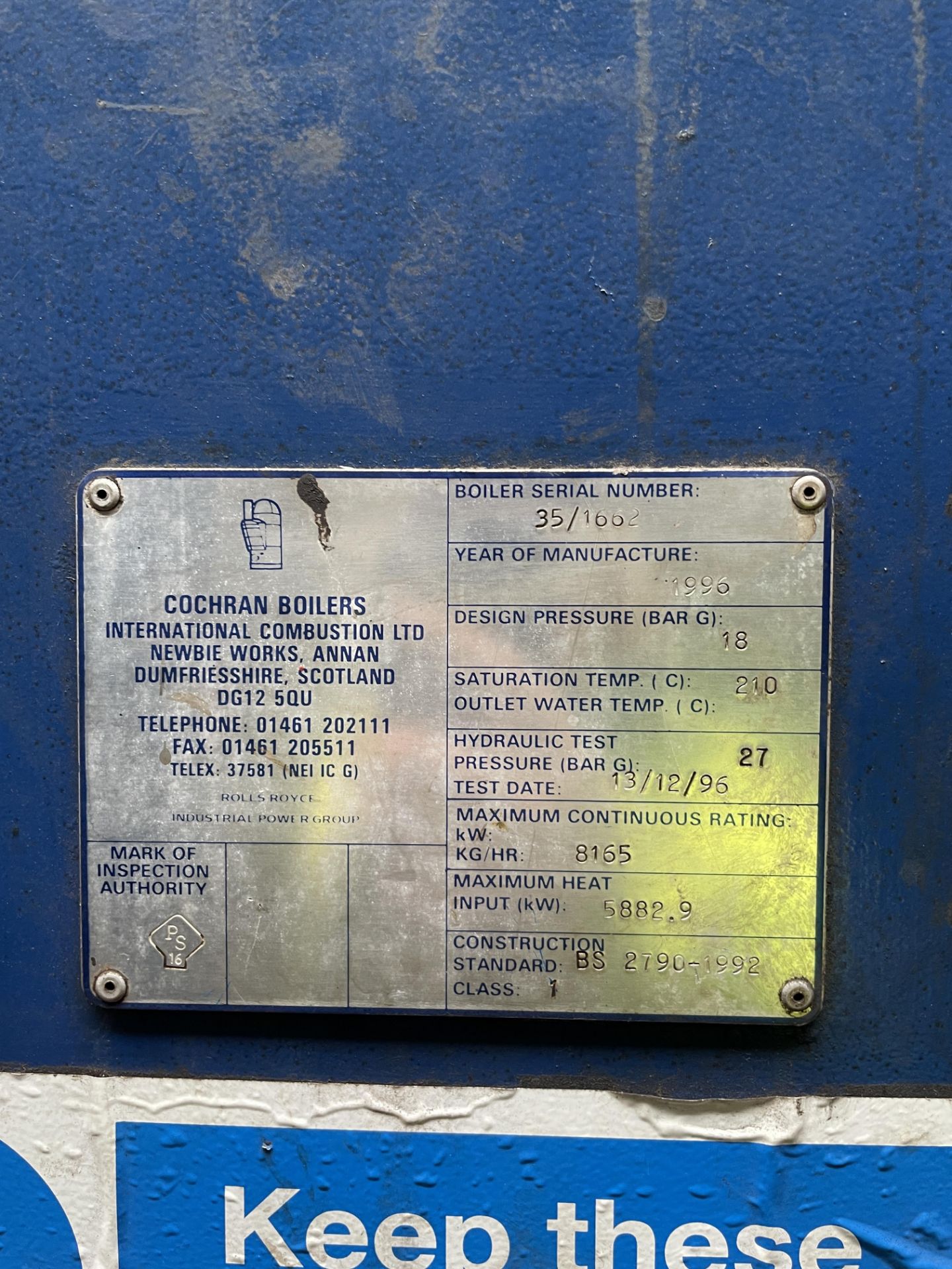 Cochran Thermax Gas Fired Steam Boiler, serial no. 35/1662, year of manufacture 1996, maximum rating - Image 9 of 11