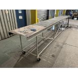 Mobile Gravity Roller Conveyor Table, approx. 6.5m long x 600mm wide on rolls (Contractors take