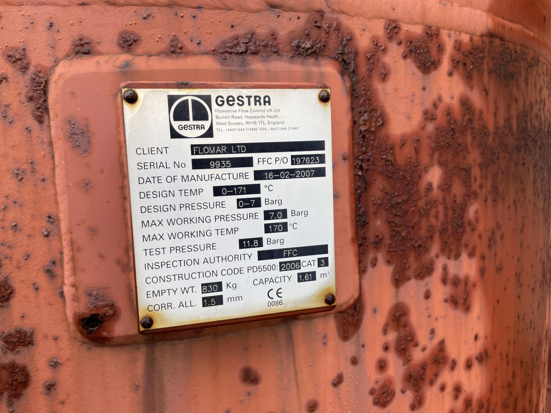 Gestra Steel Blowdown Tank, serial no. 9935, year of manufacture 2007, 7 bar max. working - Image 4 of 4