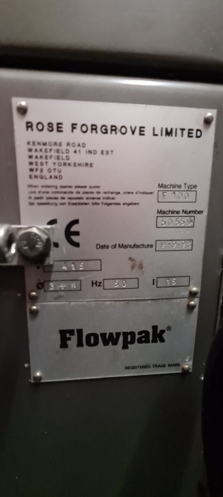 Rose Forgrove Flowpak F100 Flow Wrapper, serial no. 50559, year of manufacture 1998, 415V, 4200l x - Image 3 of 3