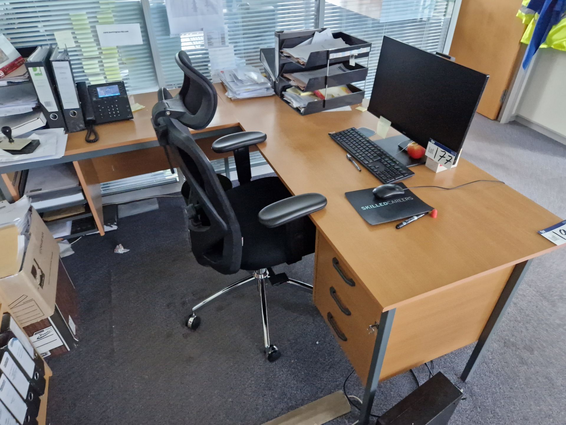 Light Oak Veneered L Shaped Pedestal Desk, Three Tier Shelving Unit and Office Swivel Chair Please - Image 2 of 2