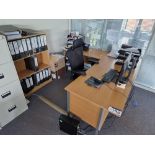 Light Oak Veneered L Shaped Pedestal Desk, Three Tier Shelving Unit and Office Swivel Chair Please