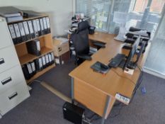 Light Oak Veneered L Shaped Pedestal Desk, Three Tier Shelving Unit and Office Swivel Chair Please