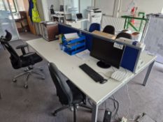 Four Workstation Unit, Two Dividers and Five Office Swivel Chairs Please read the following
