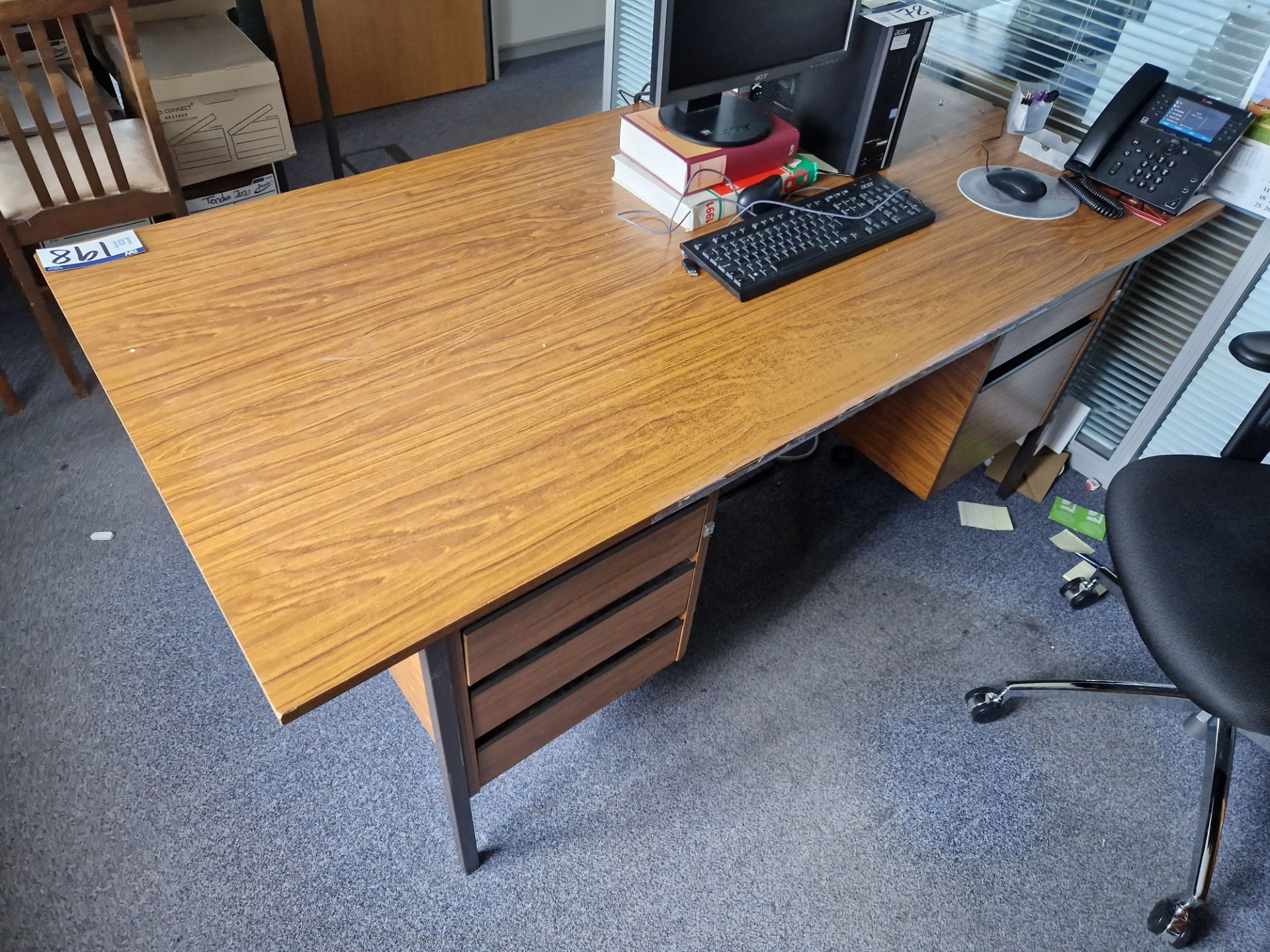 Oak Veneered Pedestal Desk, Four Tier Wooden Shelving Unit and Office Swivel Chair Please read the - Image 2 of 2