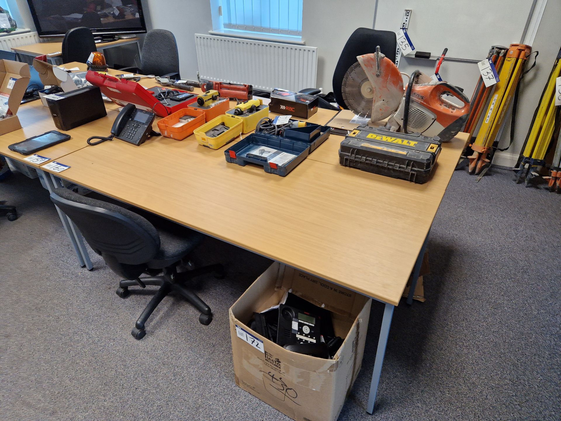 Two Light Oak Veneered Top Tables and Two Office Swivel Chairs Please read the following important