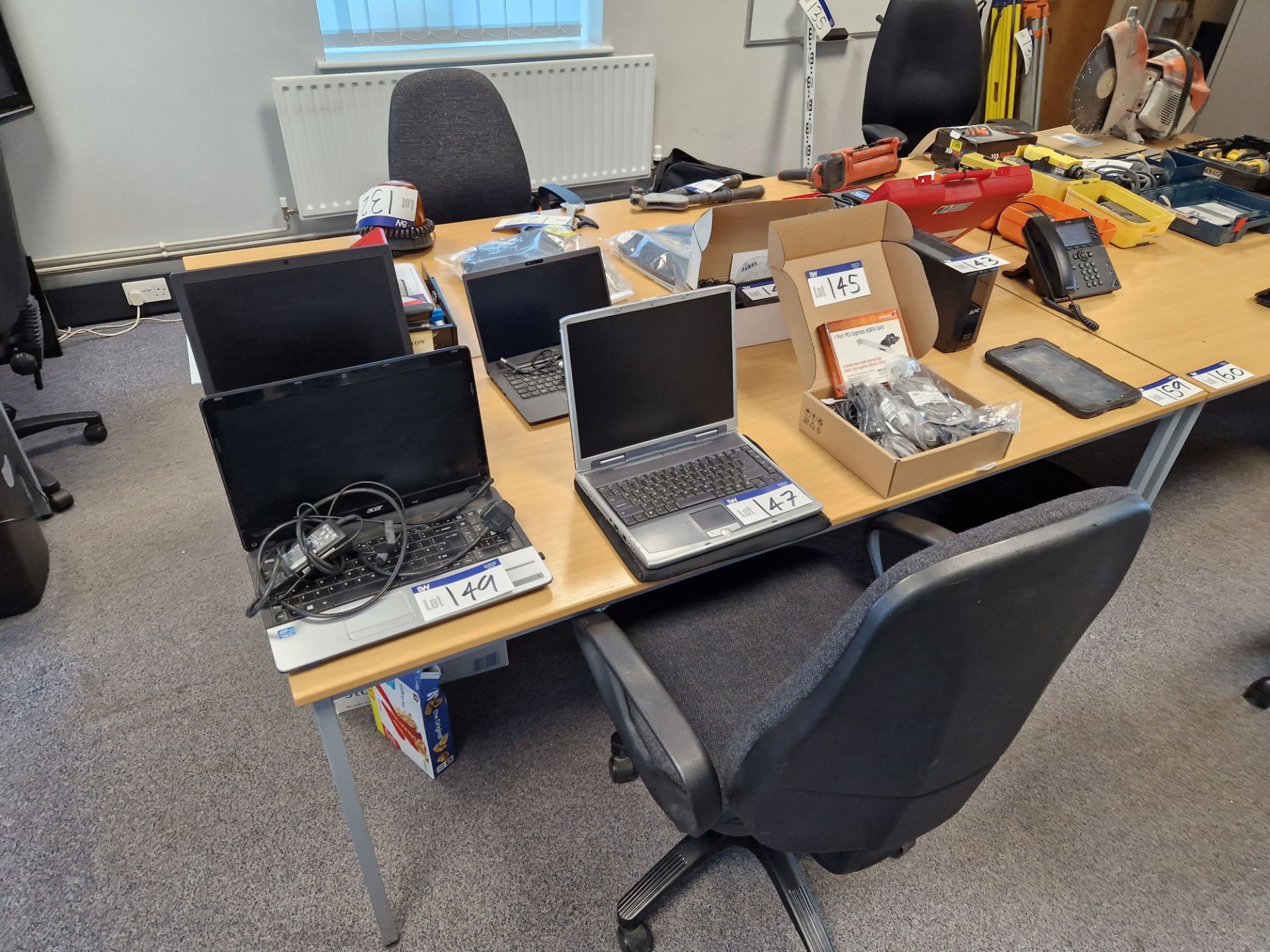 Two Light Oak Veneered Top Tables and Two Office Swivel Chairs Please read the following important