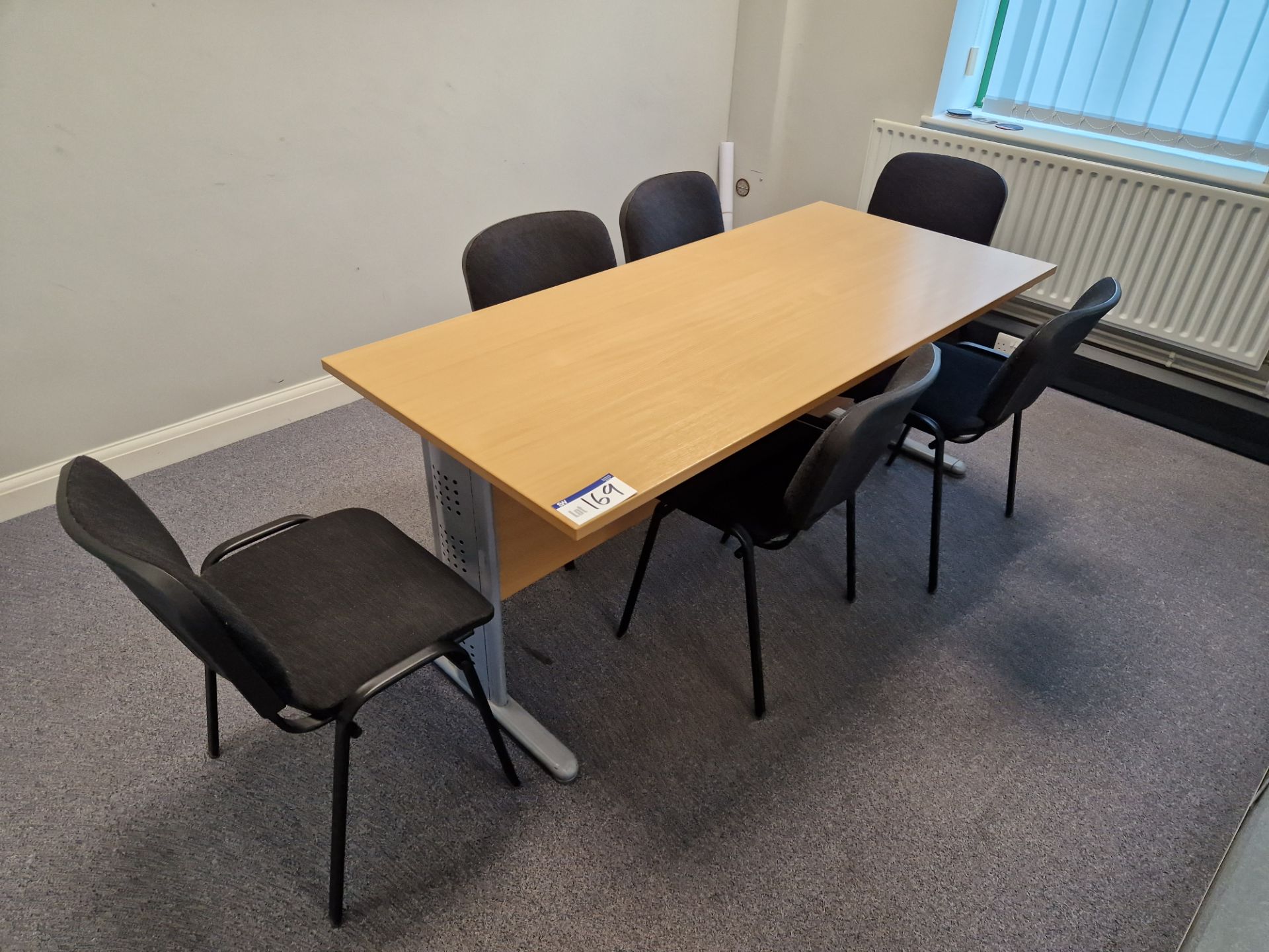 Light Oak Veneered Boardroom Table and Six Fabric Backed Chairs Please read the following