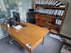 Oak Veneered Pedestal Desk, Four Tier Wooden Shelving Unit and Office Swivel Chair Please read the