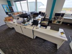 Seven White Melamine Office Desks, Two 2 Drawer Pedestals and Four Office Chairs Please read the