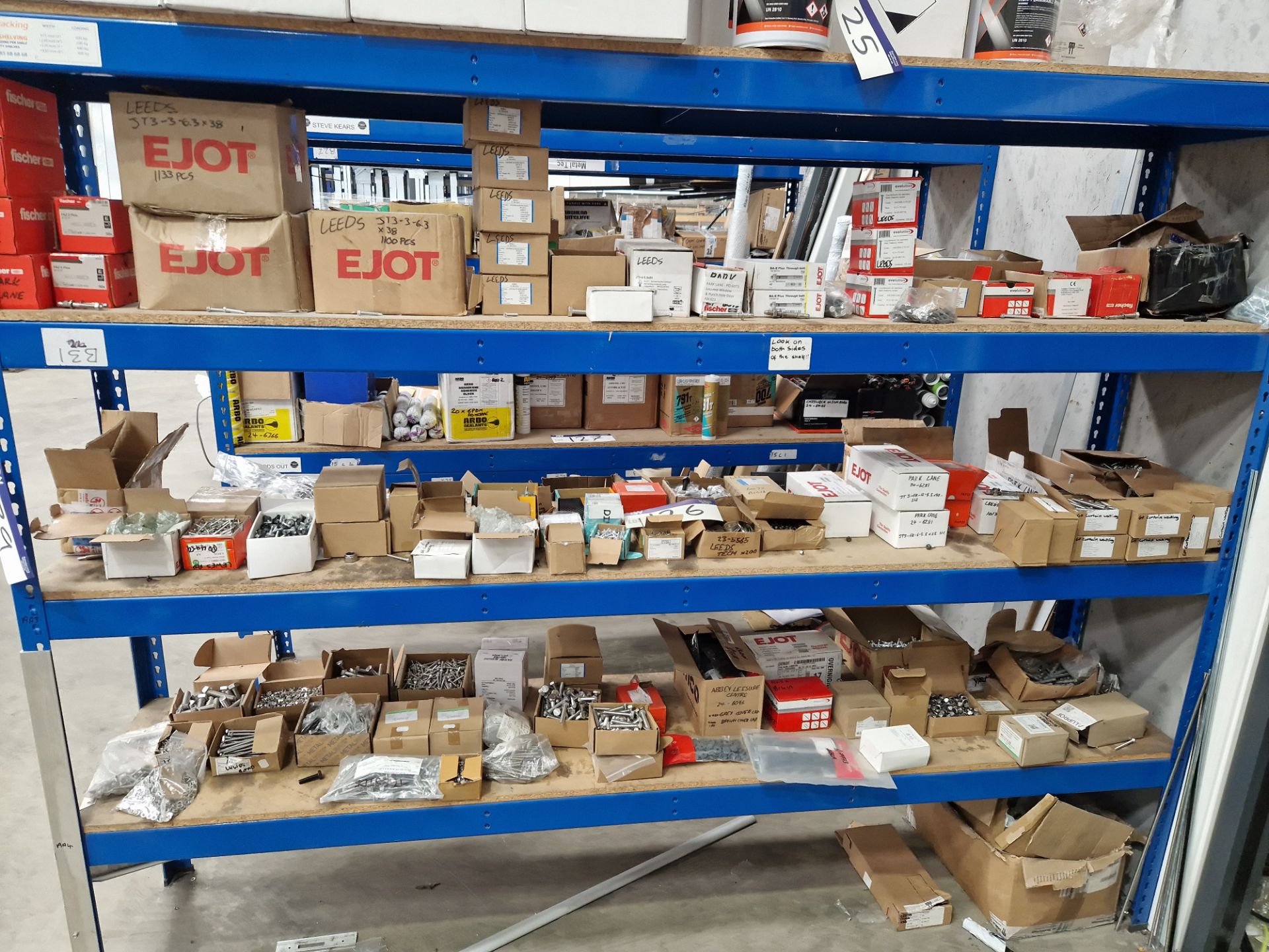 Fixtures and Fittings Contents to One Bay of Racking, including Nuts, Bolts, Rivets, Screws, etc