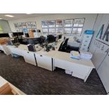 Eight White Melamine Office Desks, One 2 Drawer Pedestals and Four Office Chairs Please read the